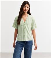 Women's Green Striped Short Sleeve Shirt New Look