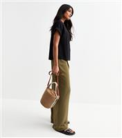 Women's Dark Khaki Pleated Front Wide Leg Trousers New Look