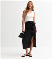 Women's Black Textured Ruffle Side Midi Skirt New Look