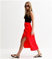 Women's Bright Red Textured Ruffle Side Midi Skirt New Look