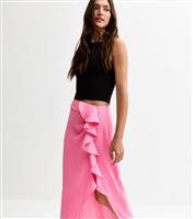 Women's Bright Pink Textured Ruffle Side Midi Skirt New Look