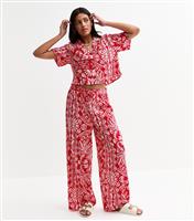 Women's Red Leaf Print Wide Leg Crepe Trousers New Look