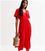 Women's Bright Red Lace Trim Button Through Midi Dress New Look
