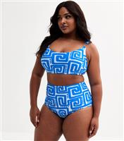 Women's Plus Size Blue Swirl Print High Waisted Bikini Bottoms Curves New Look