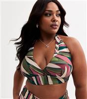Women's Plus Size Green Leaf Print Halterneck Bikini Top Curves New Look