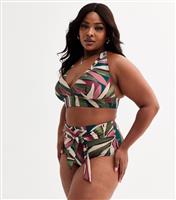 Women's Plus Size Green Leaf Print High Waisted Bikini Bottoms Curves New Look