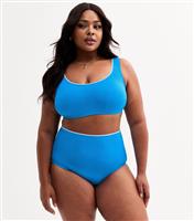 Women's Plus Size Bright Blue Textured Blanket Stitch Trim Bikini Top Curves New Look