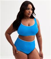 Women's Plus Size Bright Blue Blanket Stitch Trim High Waisted Bikini Bottoms Curves New Look
