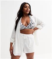 Women's Plus Size White Drawstring Waist Slubbed Shorts Curves New Look