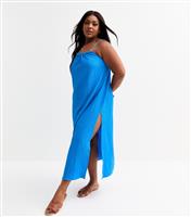 Women's Plus Size Blue Crinkled Slit Hem Dress Curves New Look