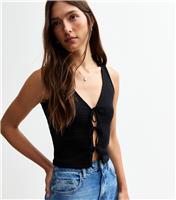 Women's Black Ribbed Pointelle Effect Tie Front Vest New Look