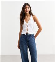 Women's White Ribbed Pointelle Effect Tie Front Vest New Look