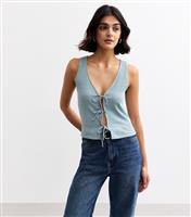 Women's Light Blue Ribbed Pointelle Effect Tie Front Vest New Look