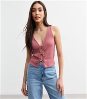 Women's Pink Ribbed Pointelle Effect Tie Front Vest New Look