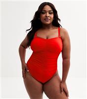 Women's Plus Size Red Ruched Swimsuit Curves New Look