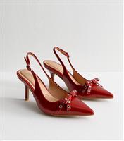 Women's Bright Red Studded Bow Detail Slingback Court shoes Vegan New Look