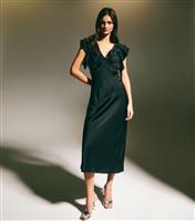 Women's Black Ruffled Textured Satin Midi Dress New Look