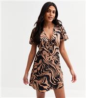 Women's Brown Animal Print Tie Front Satin Mini Dress New Look