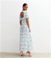 Women's Blue Checked Floral Print Satin Midi Dress New Look