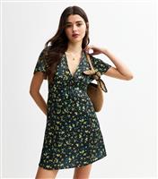 Women's Black Floral Print Tie Neck Mini Dress New Look