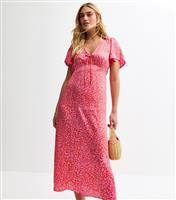 Women's Pink Floral Print Tie Neck Satin Midi Dress New Look