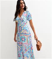 Women's Blue Satin Tile Print Midi Dress New Look