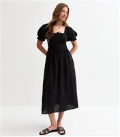 Women's Black Tie Front Shirred Midi Dress New Look