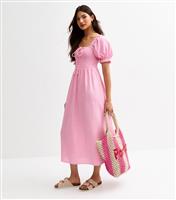 Women's Pink Tie Front Shirred Midi Dress New Look