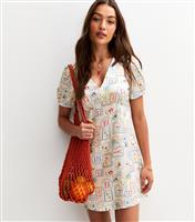 Women's White Stamp Print Satin Tie Back Mini Dress New Look