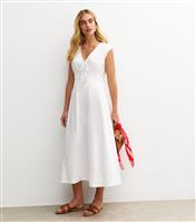 Women's White Tie V-Neck Pintuck Midi Dress New Look