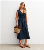Women's Navy Tie V-Neck Pintuck Midi Dress New Look