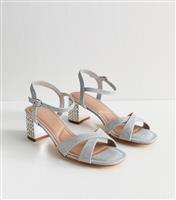 Women's Silver Metallic Jewelled Block Heel Sandals Vegan New Look