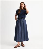 Women's Navy Denim Look Shirred Waist Full Midi Skirt New Look