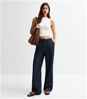 Women's Navy Drawstring Waist Wide Leg Denim Trousers New Look