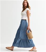 Women's Blue Denim Tiered Midi Skirt New Look