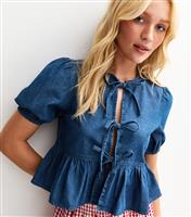 Women's Blue Short Sleeve Tie Front Denim Top New Look