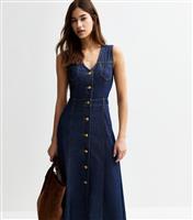 Women's Navy Denim Button Down Midi Dress New Look