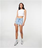Women's Blue Embellished Distressed Denim Shorts Pink Vanilla New Look