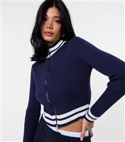 Women's Navy Contrast Stripe Zipped Cardigan Pink Vanilla New Look