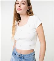 Women's White Embellished Ribbed Top Pink Vanilla New Look