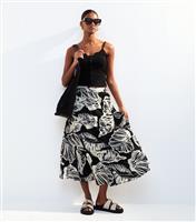 Women's Black Leaf Print Tiered Midi Skirt New Look