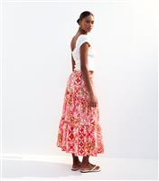 Women's Pink Tile Print Tiered Midi Skirt New Look