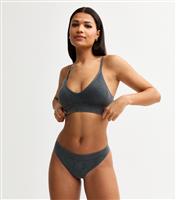 Women's Dark Grey Acid Wash Ribbed Seamless Thong New Look