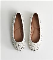 Women's White Faux Leather Laser Cut Ballet Pumps Vegan New Look