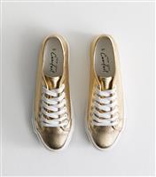 Women's Gold Metallic Canvas Lace Up Trainers Vegan New Look
