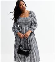 Women's Plus Size Black Gingham Print Shirred Bust Midi Dress Curves New Look