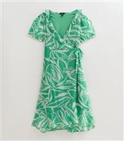 Women's Plus Size Green Leaf Print Chiffon Midi Wrap Dress Curves New Look
