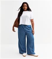 Women's Plus Size Dark Blue Drawstring Waist Denim Trousers Curves New Look