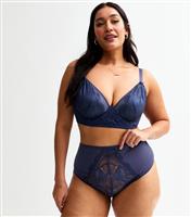 Women's Plus Size Navy Foiled Lace High Waisted Briefs Curves New Look
