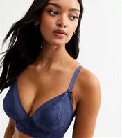 Women's Navy DD+ Foiled Lace Non Padded Mesh Bra New Look